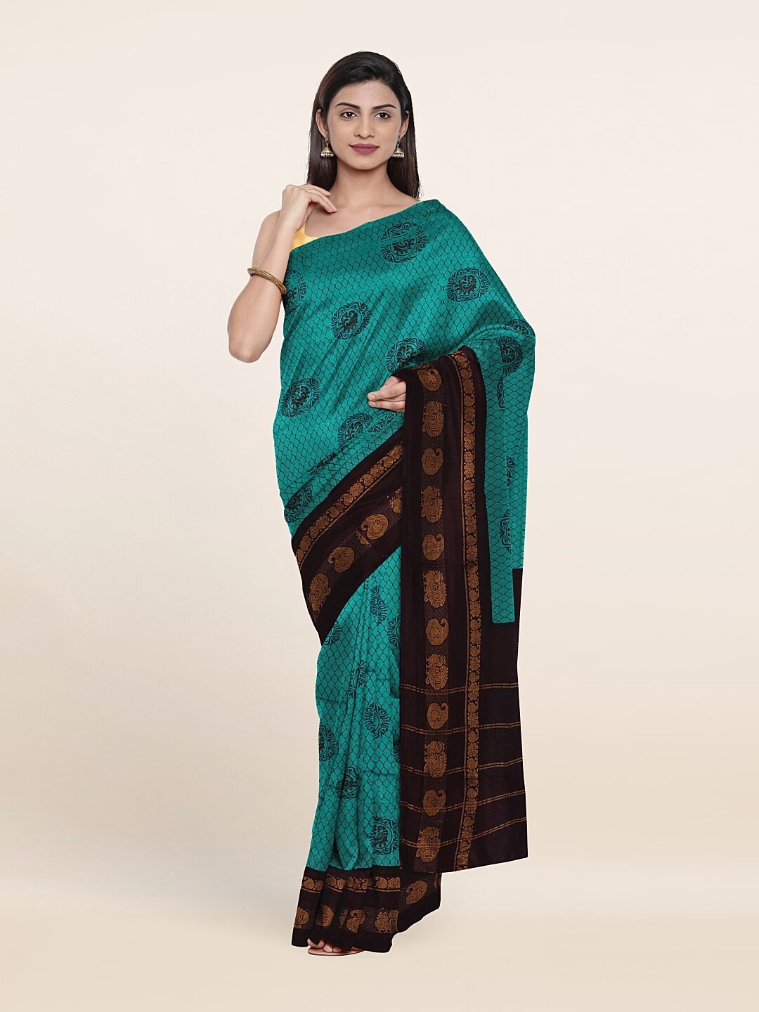 

Pothys Green & Brown Ethnic Motifs Printed Pure Cotton Saree