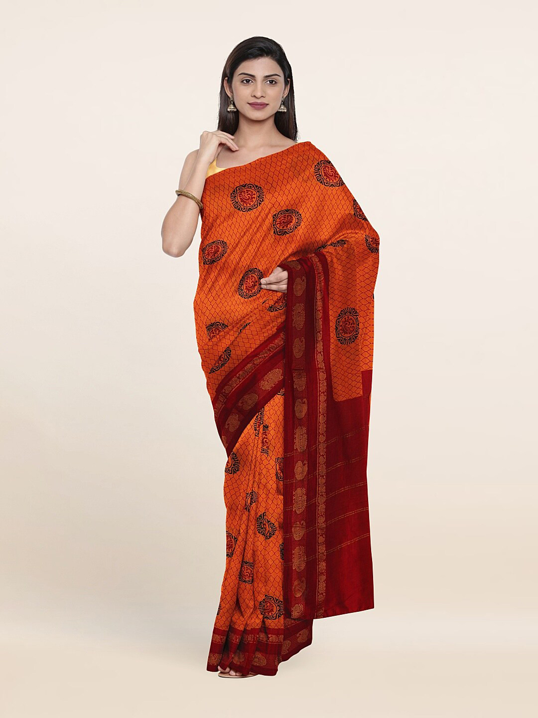 

Pothys Orange & Brown Zari Pure Cotton Saree