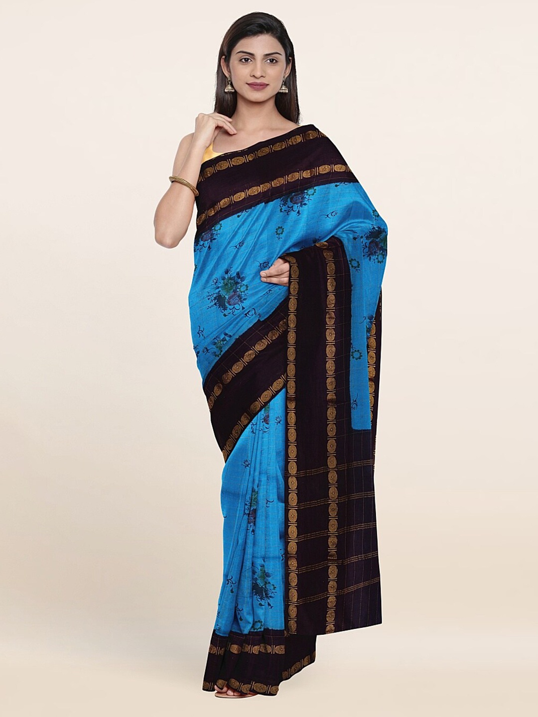

Pothys Blue & Black Floral Zari Pure Cotton Saree