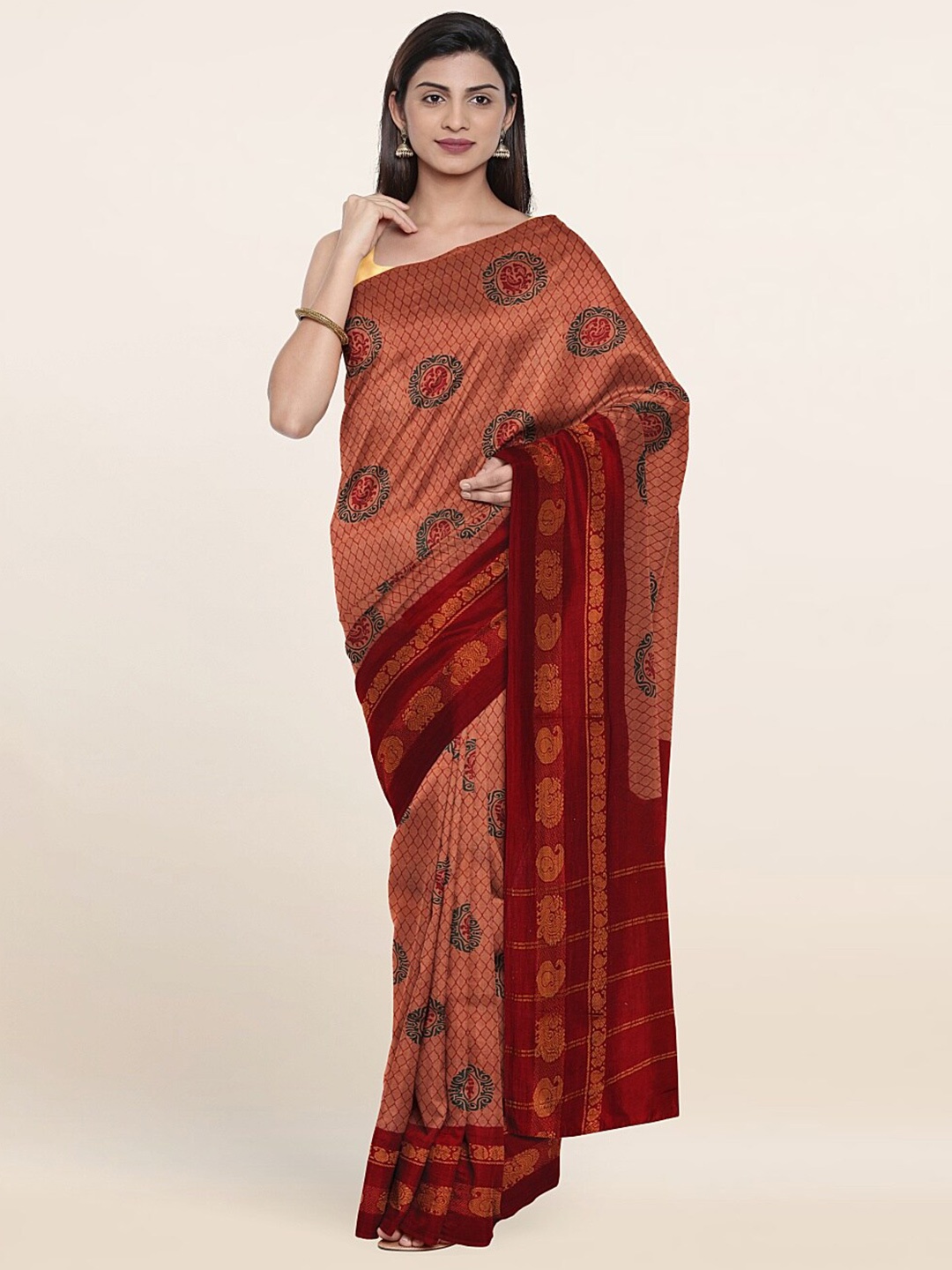 

Pothys Peach-Coloured & Maroon Ethnic Motifs Pure Cotton Saree