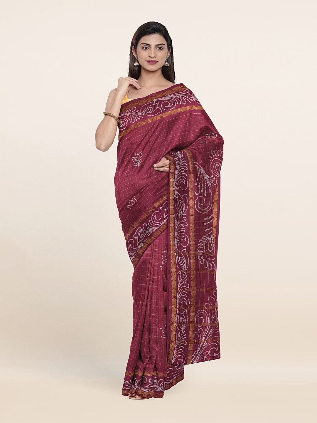 

Pothys Peach-Coloured & White Checked Zari Pure Cotton Saree