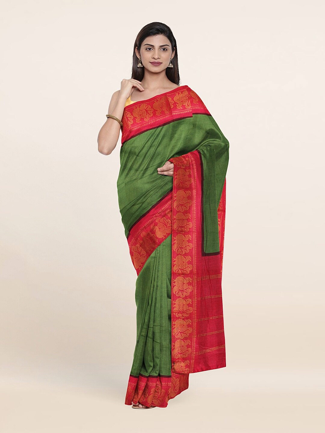 

Pothys Green & Red Zari Pure Cotton Saree