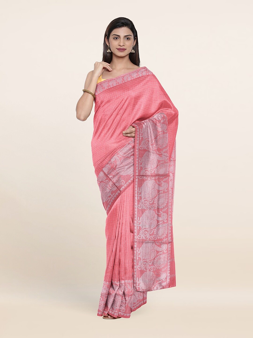

Pothys Pink & Silver-Toned Checked Zari Pure Cotton Saree