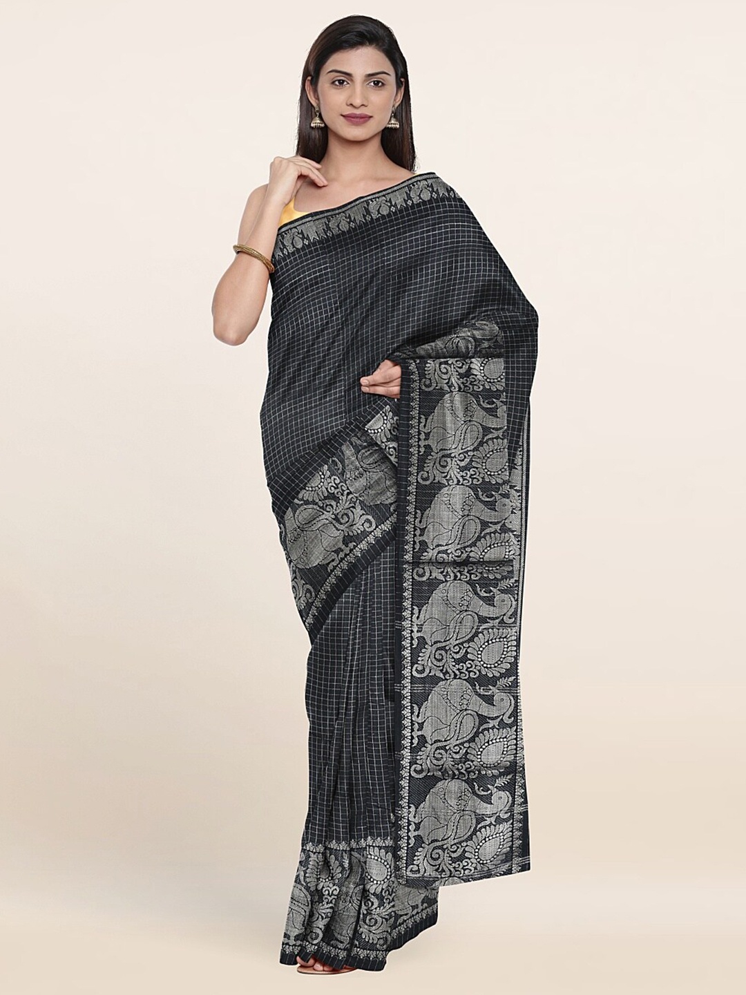 

Pothys Grey & Silver-Toned Checked Zari Pure Cotton Saree