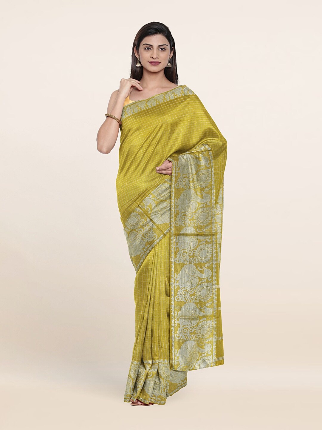 

Pothys Mustard Yellow & Silver Checked Zari Pure Cotton Saree