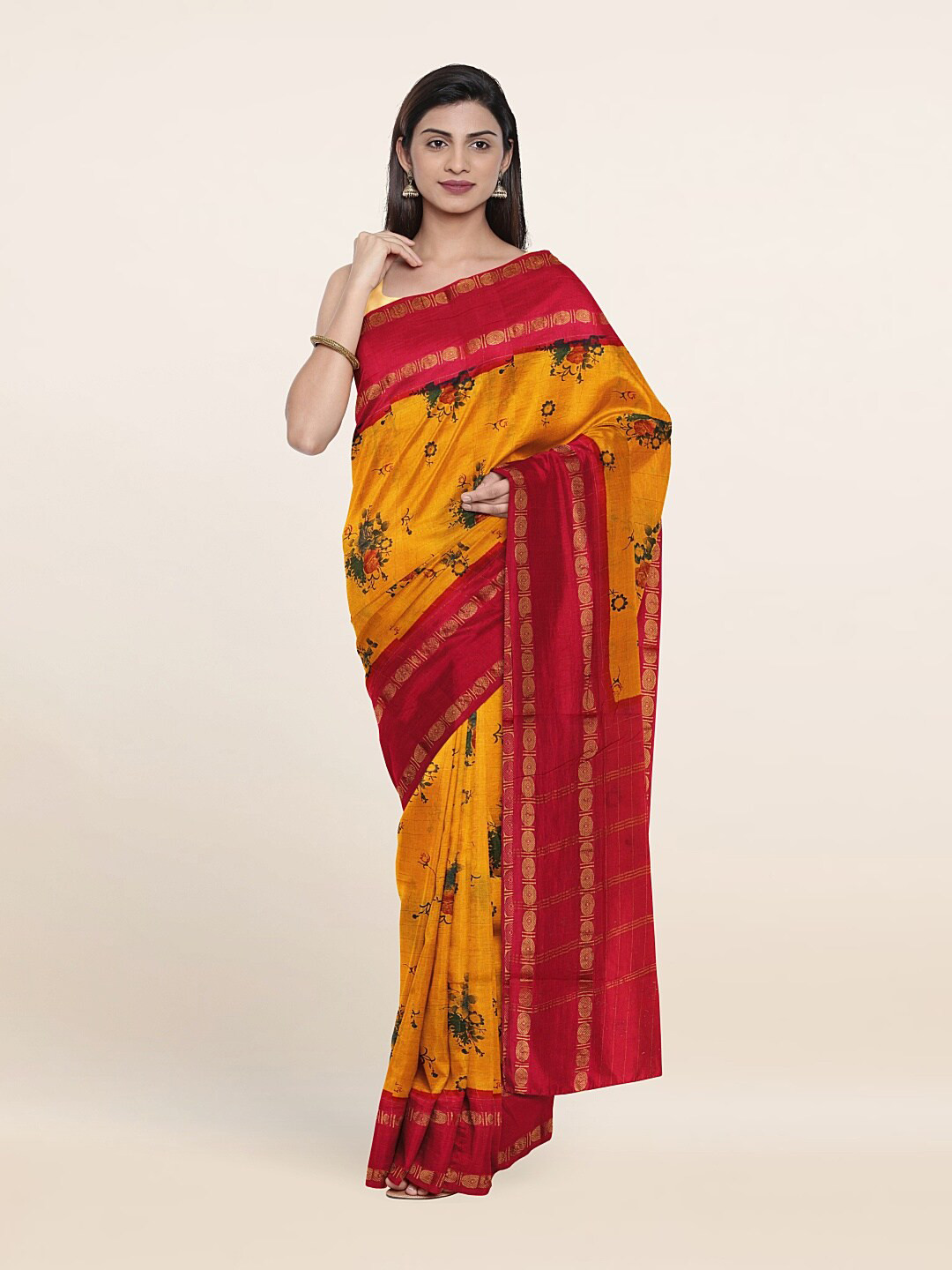 

Pothys Yellow & Red Floral Zari Pure Cotton Saree