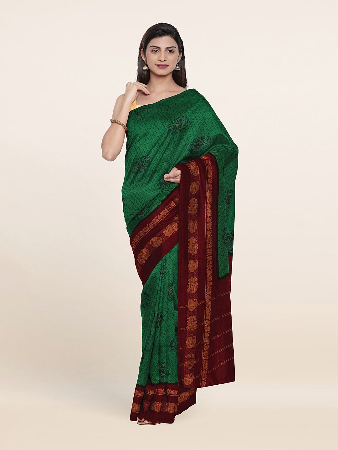 

Pothys Green & Maroon Ethnic Motifs Zari Pure Cotton Saree