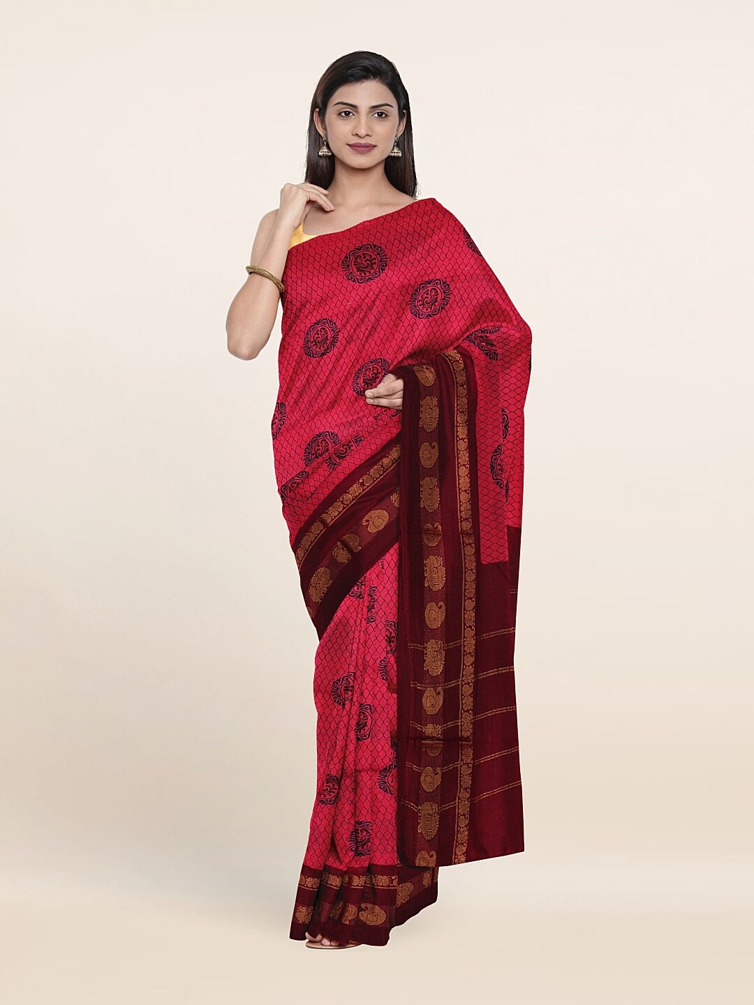 

Pothys Pink & Maroon Ethnic Motifs Zari Pure Cotton Saree