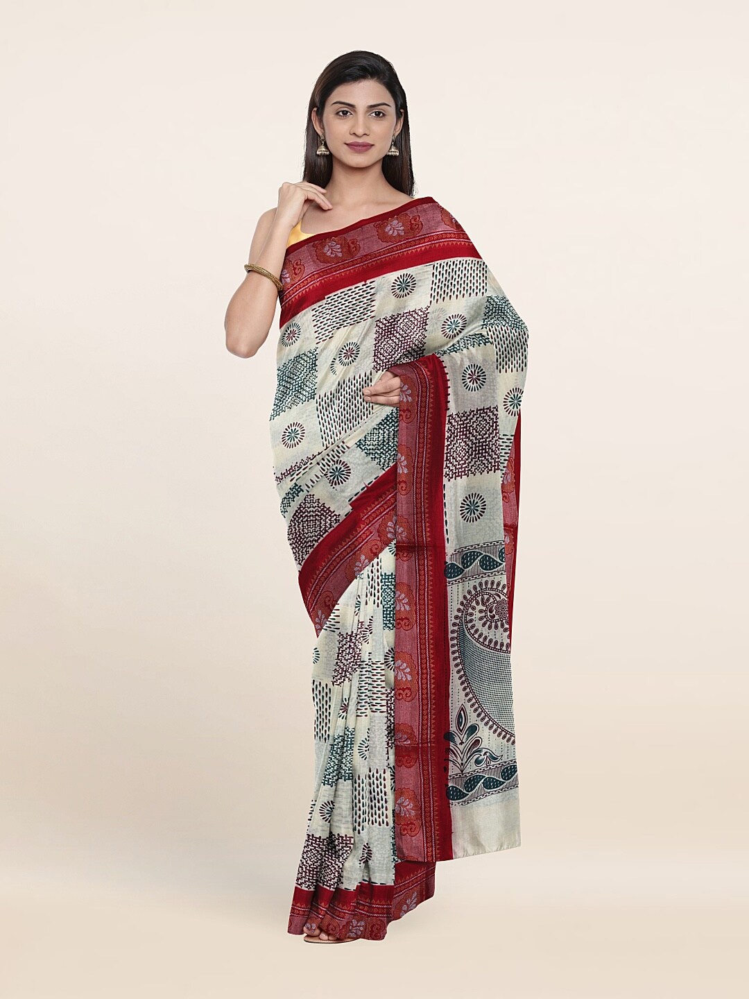 

Pothys Cream-Coloured & Green Zari Pure Cotton Saree