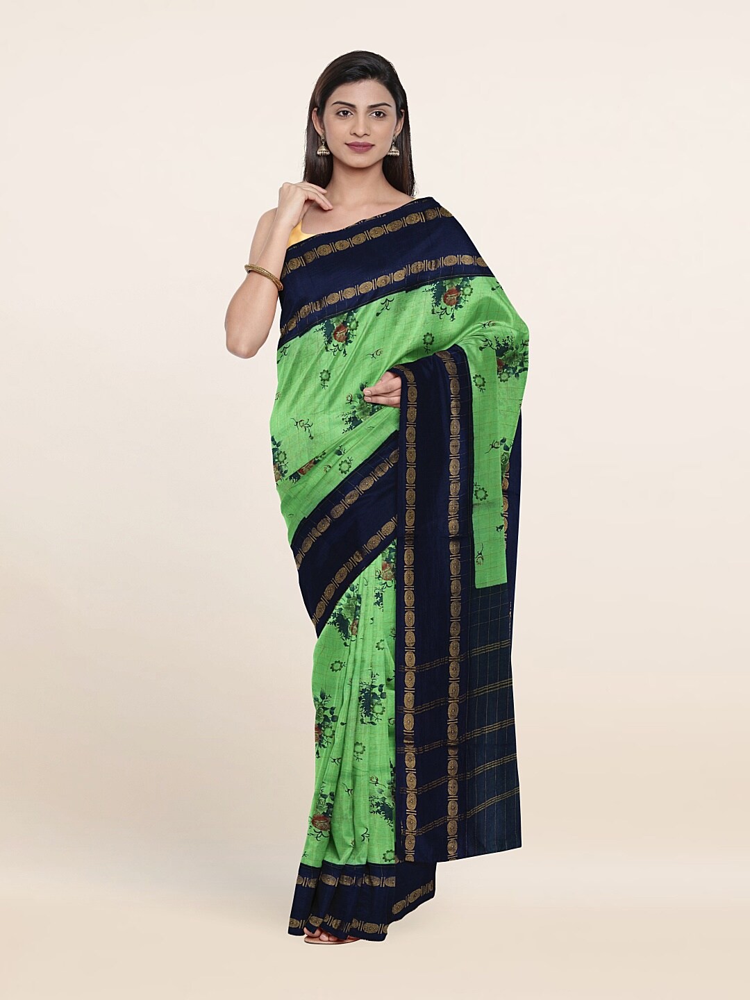 

Pothys Green & Navy Blue Floral Printed Zari Pure Cotton Saree