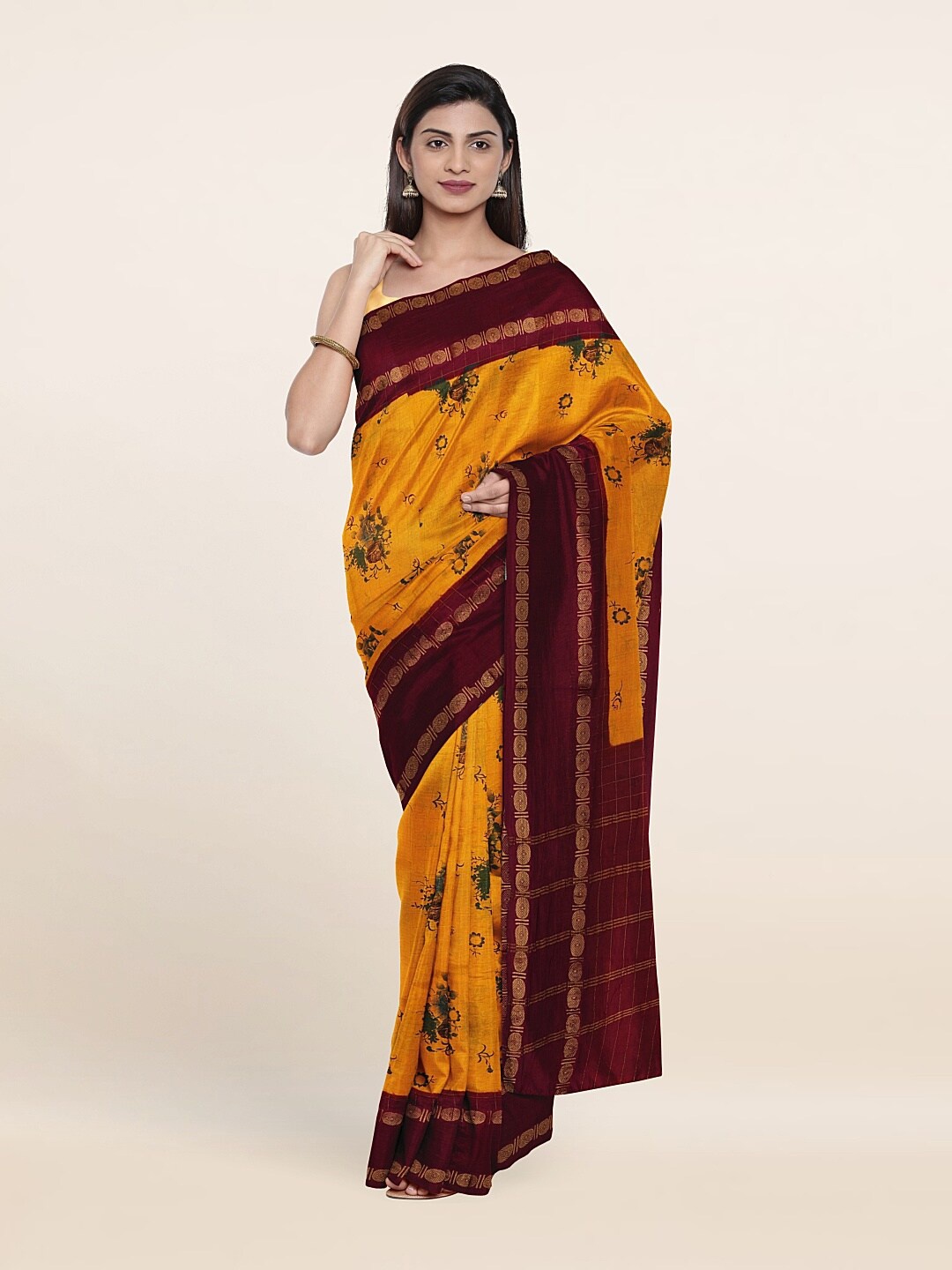 

Pothys Yellow & Maroon Floral Zari Pure Cotton Saree