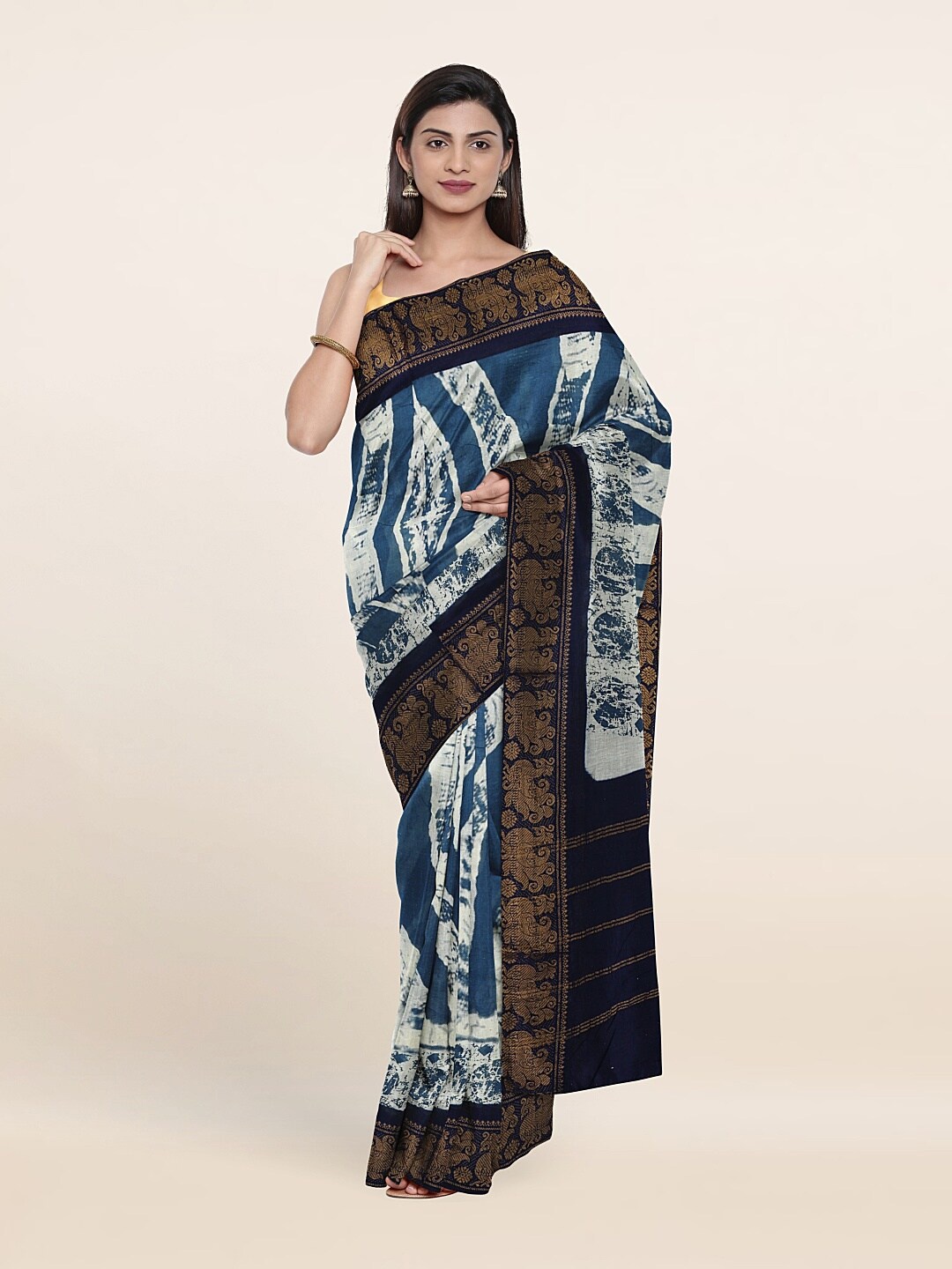 

Pothys Cream-Coloured & Blue Batik Zari Pure Cotton Saree
