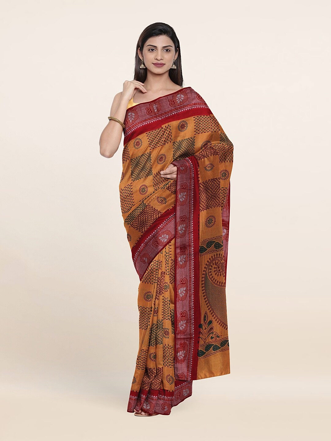 

Pothys Mustard & Red Ethnic Motifs Printed Zari Pure Cotton Saree