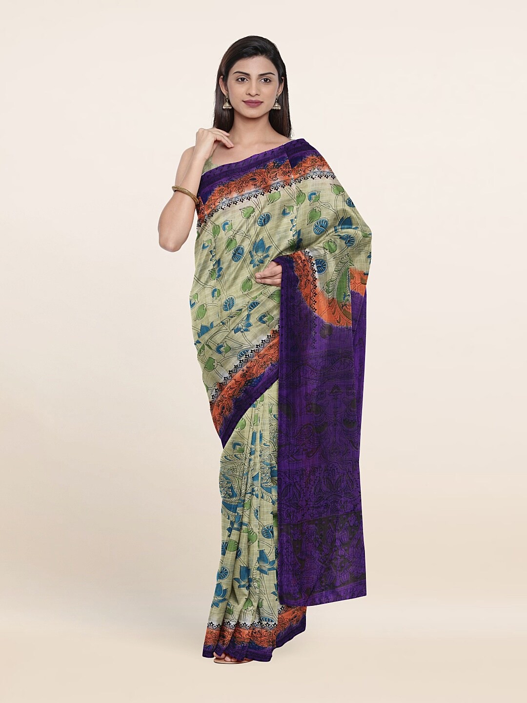 

Pothys Cream-Coloured & Green Floral Pure Cotton Saree