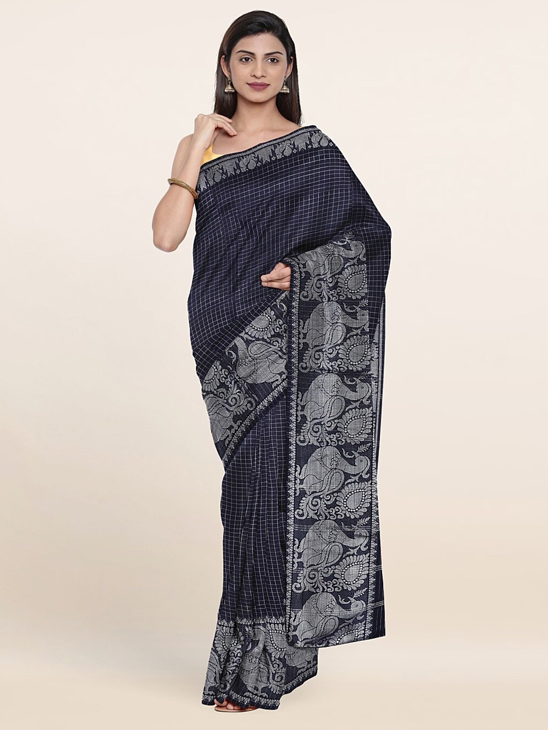 

Pothys Blue & Silver-Toned Checked Zari Pure Cotton Saree