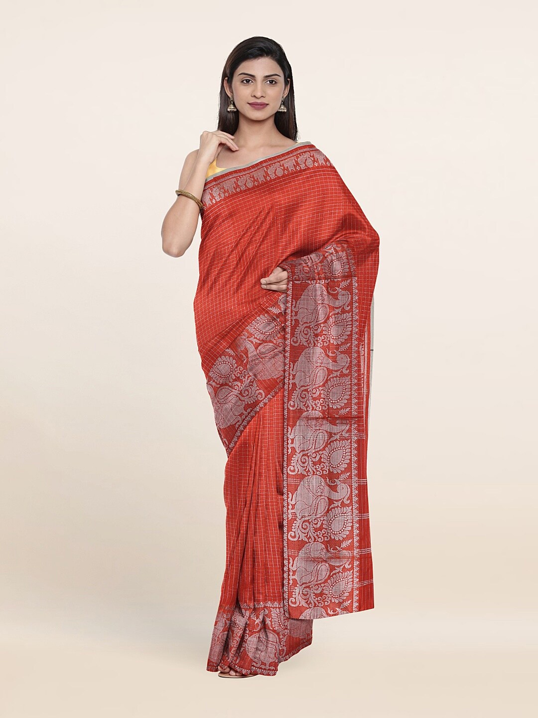 

Pothys Red & Silver-Toned Checked Zari Pure Cotton Saree
