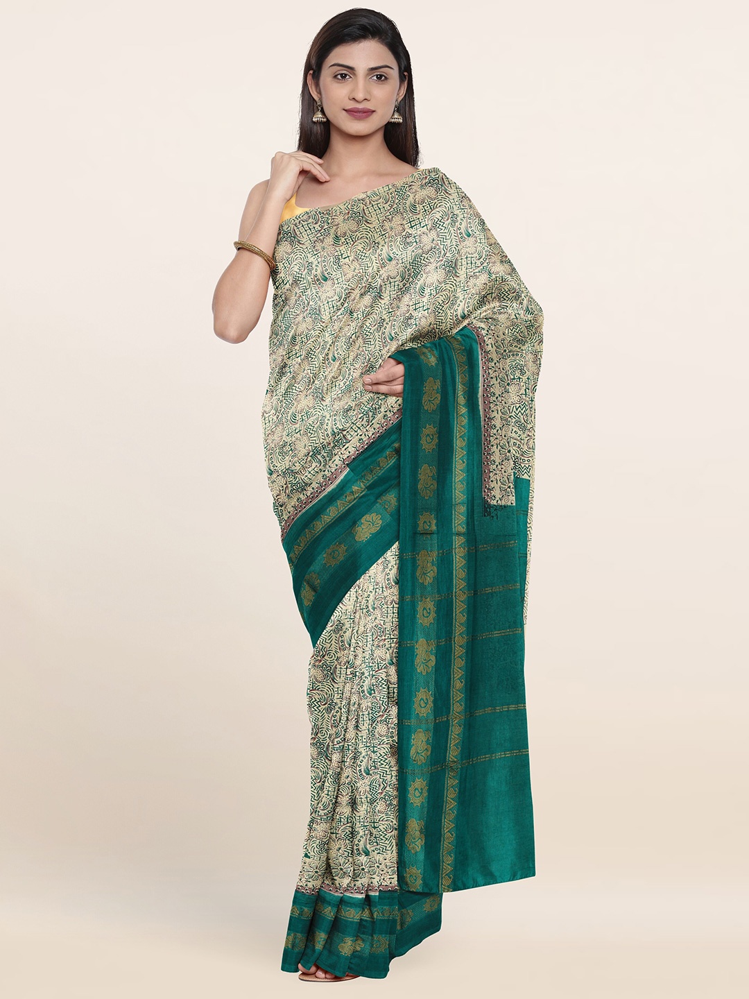 

Pothys Cream-Coloured & Green Floral Pure Cotton Saree