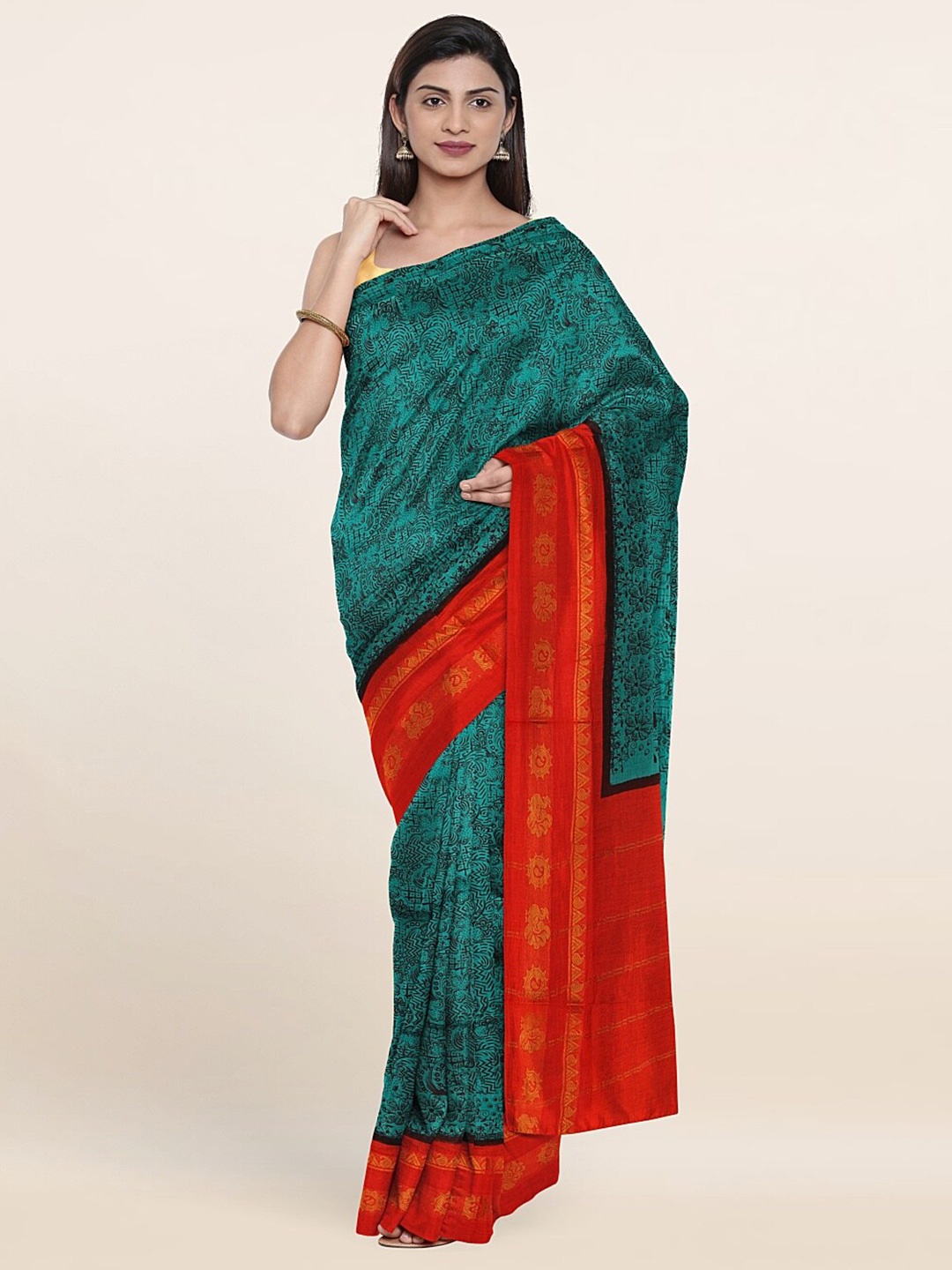 

Pothys Green & Orange Floral Pure Cotton Saree