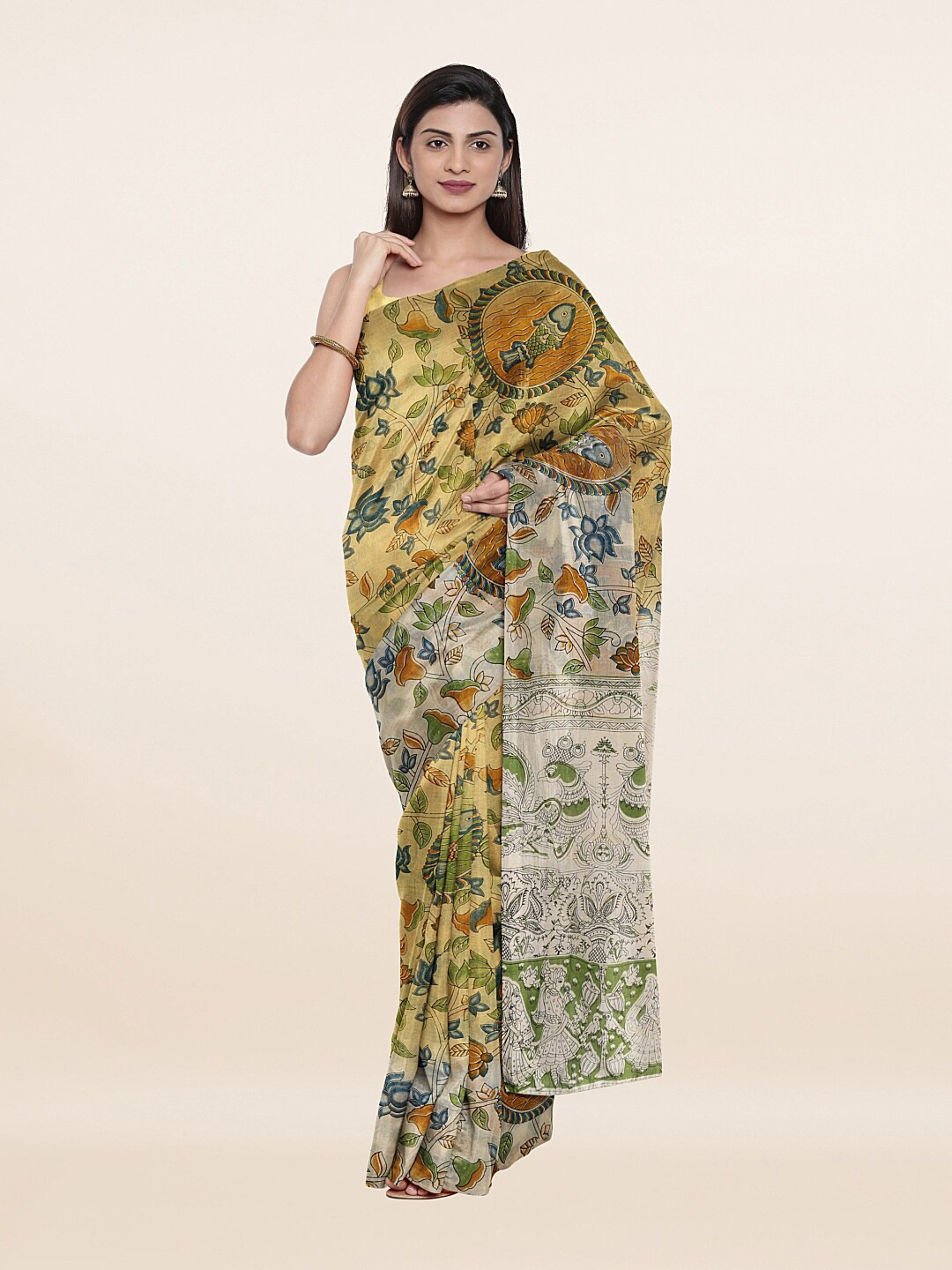 

Pothys Cream-Coloured & Green Floral Pure Cotton Saree