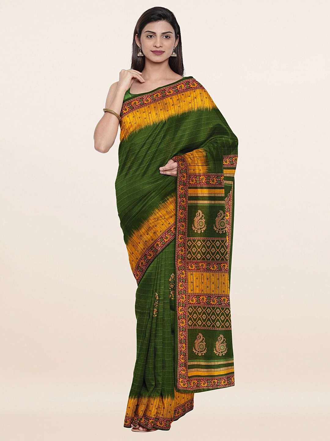 

Pothys Green & Yellow Ethnic Motifs Printed Pure Cotton Saree