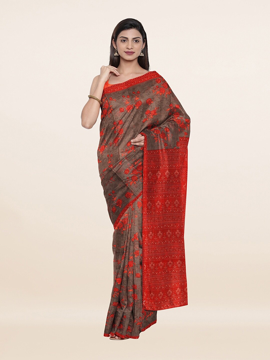 

Pothys Grey & Orange Floral Pure Cotton Saree
