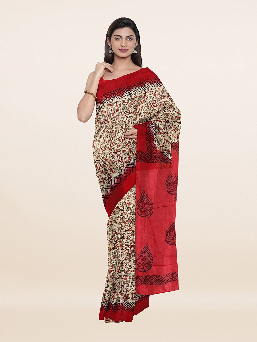

Pothys Cream-Coloured & Red Pure Cotton Saree