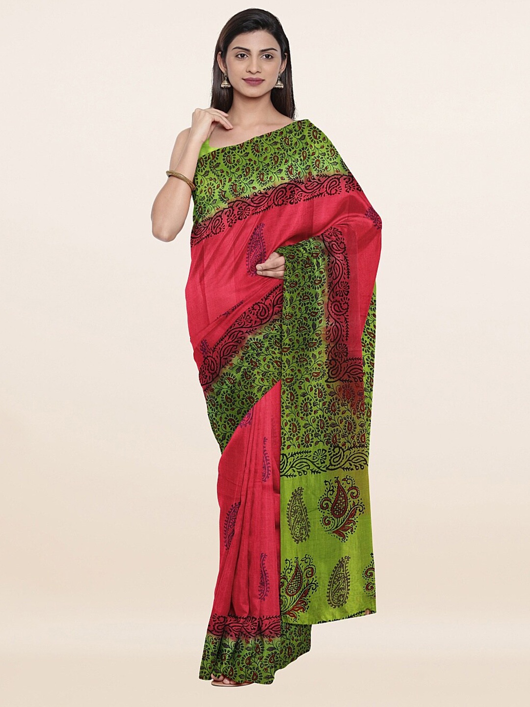 

Pothys Pink & Olive Green Paisley Pure Cotton Saree