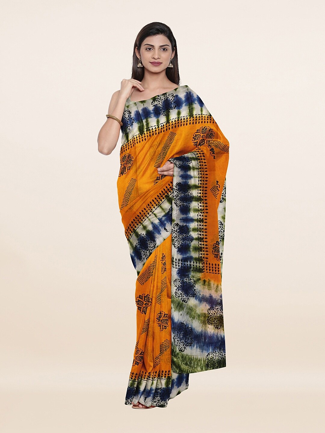 

Pothys Mustard & Navy Blue Printed Pure Cotton Saree