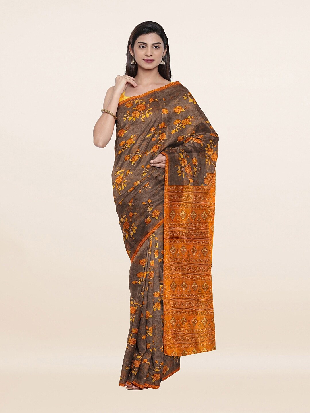 

Pothys Grey & Orange Floral Pure Cotton Saree