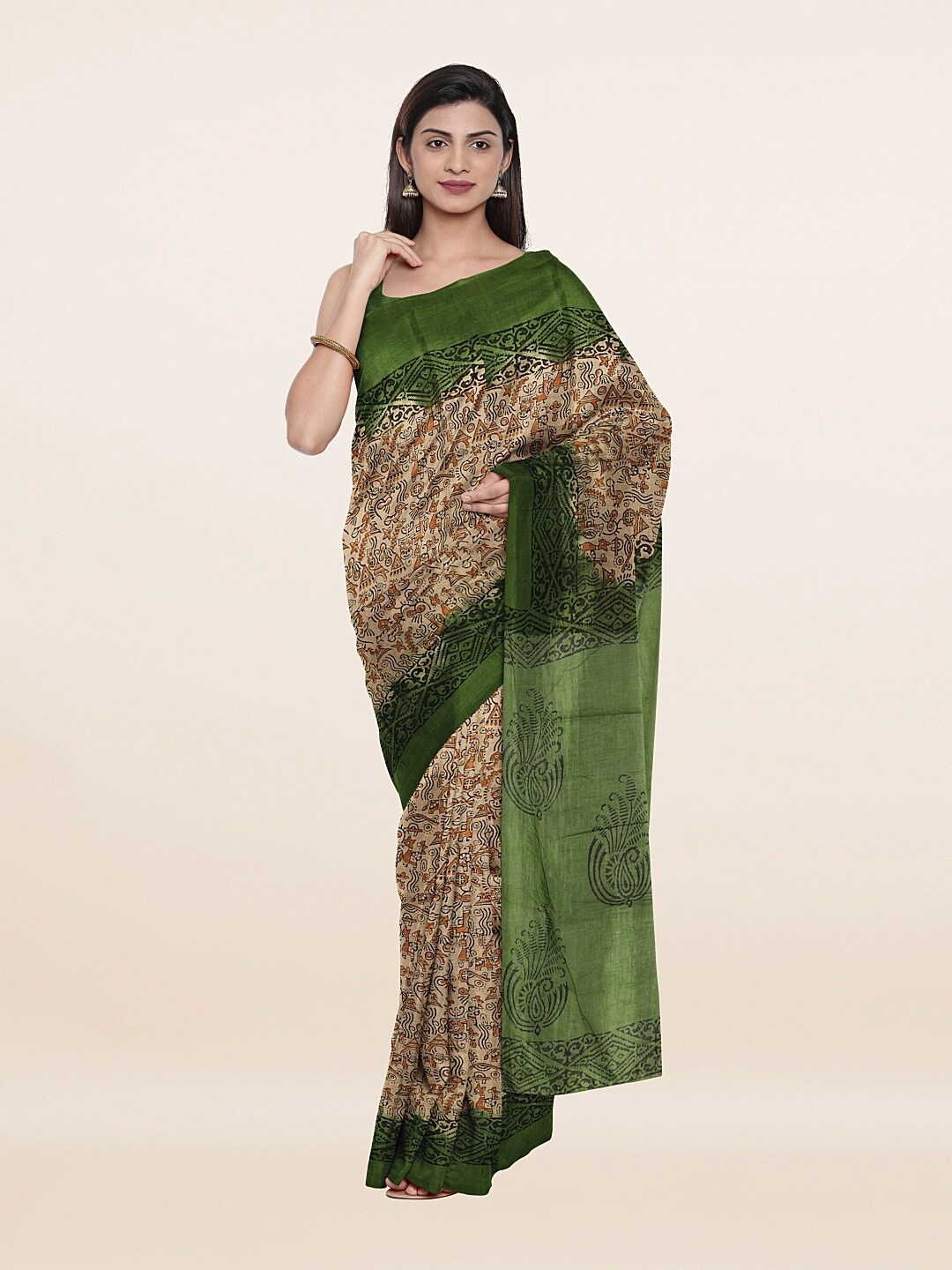 

Pothys Tan & Green Floral Pure Cotton Saree