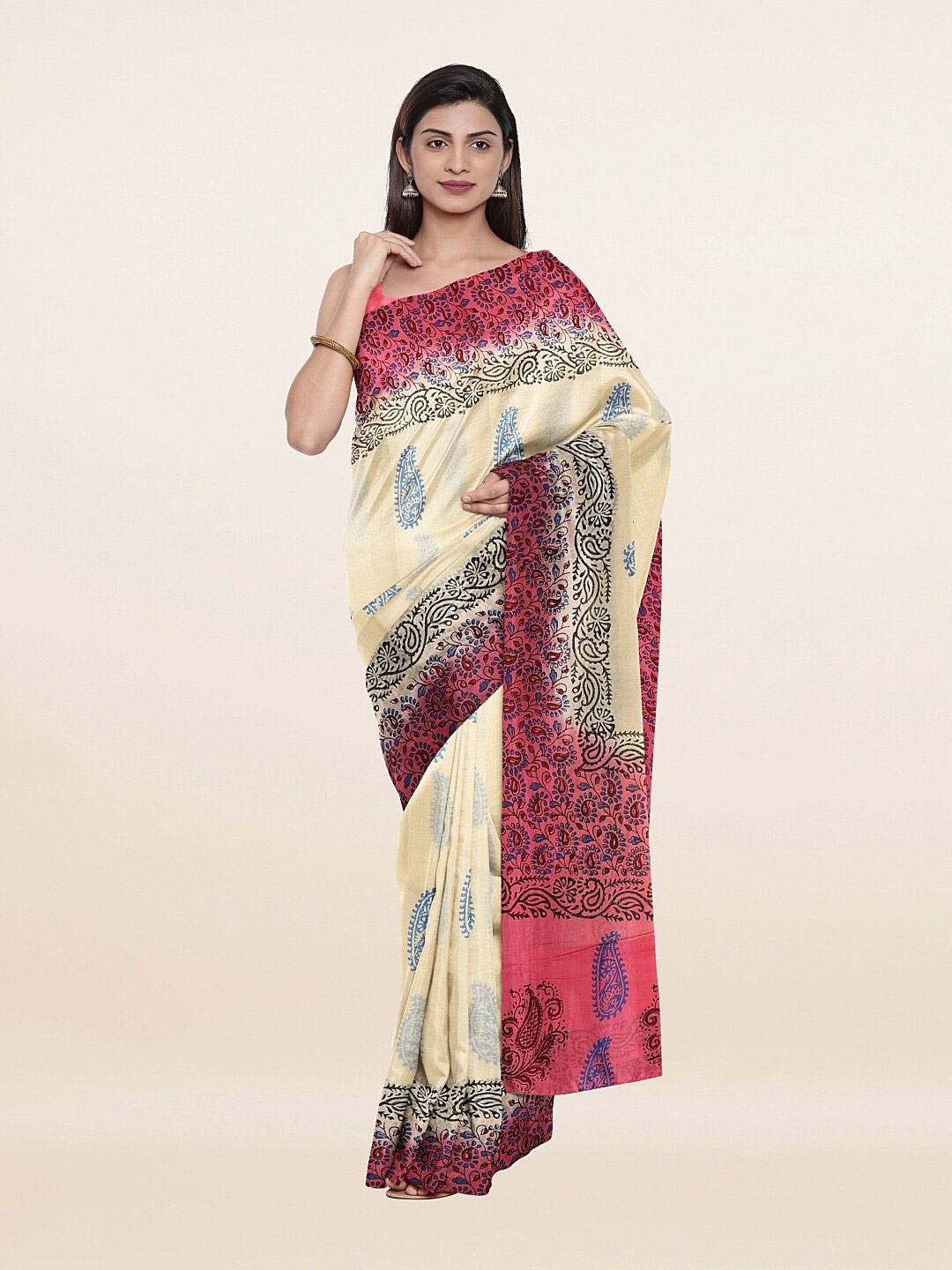 

Pothys Cream-Coloured & Blue Paisley Pure Cotton Saree