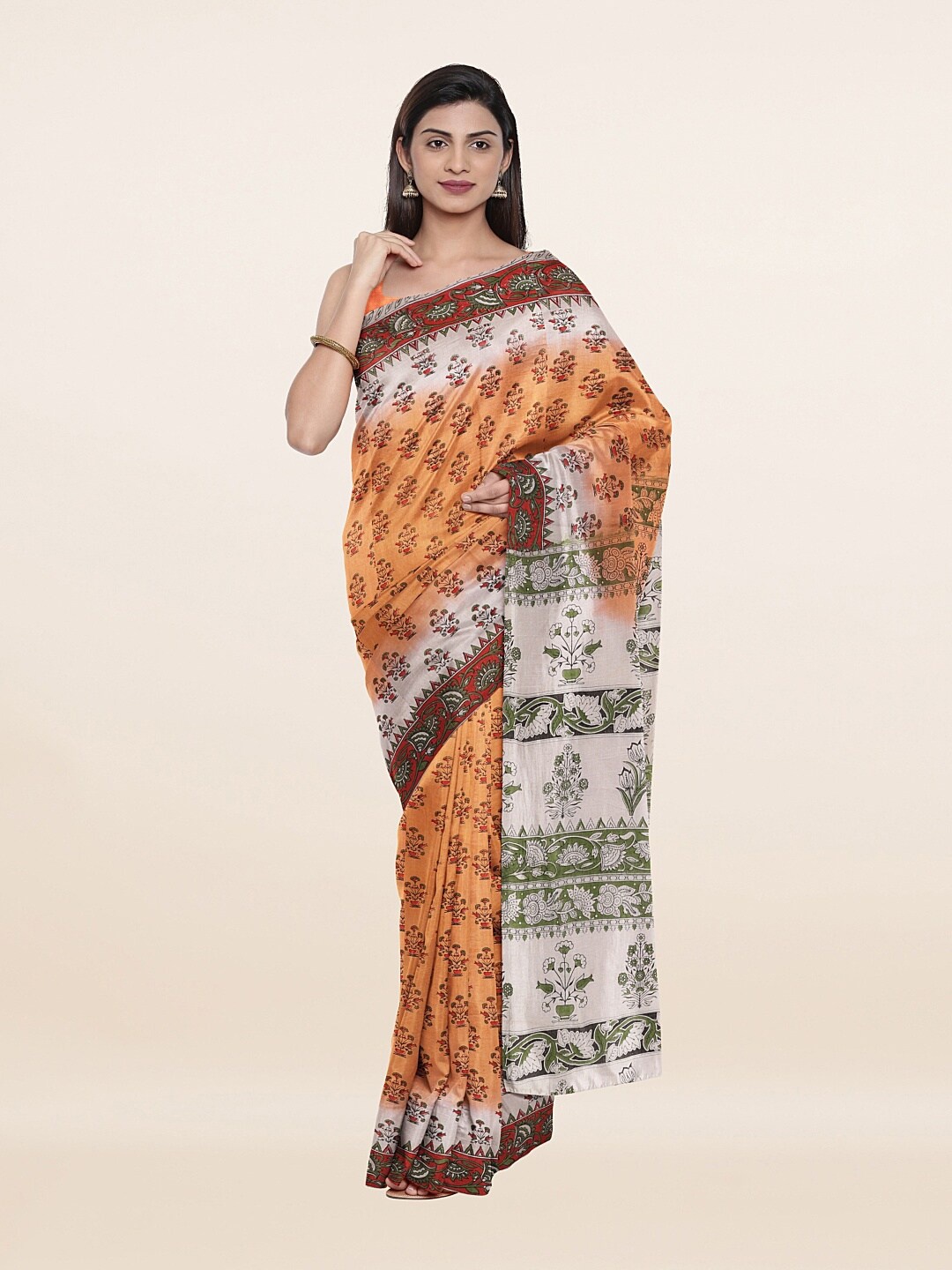 

Pothys Peach-Coloured & Off-White Ethnic Motifs Pure Cotton Saree