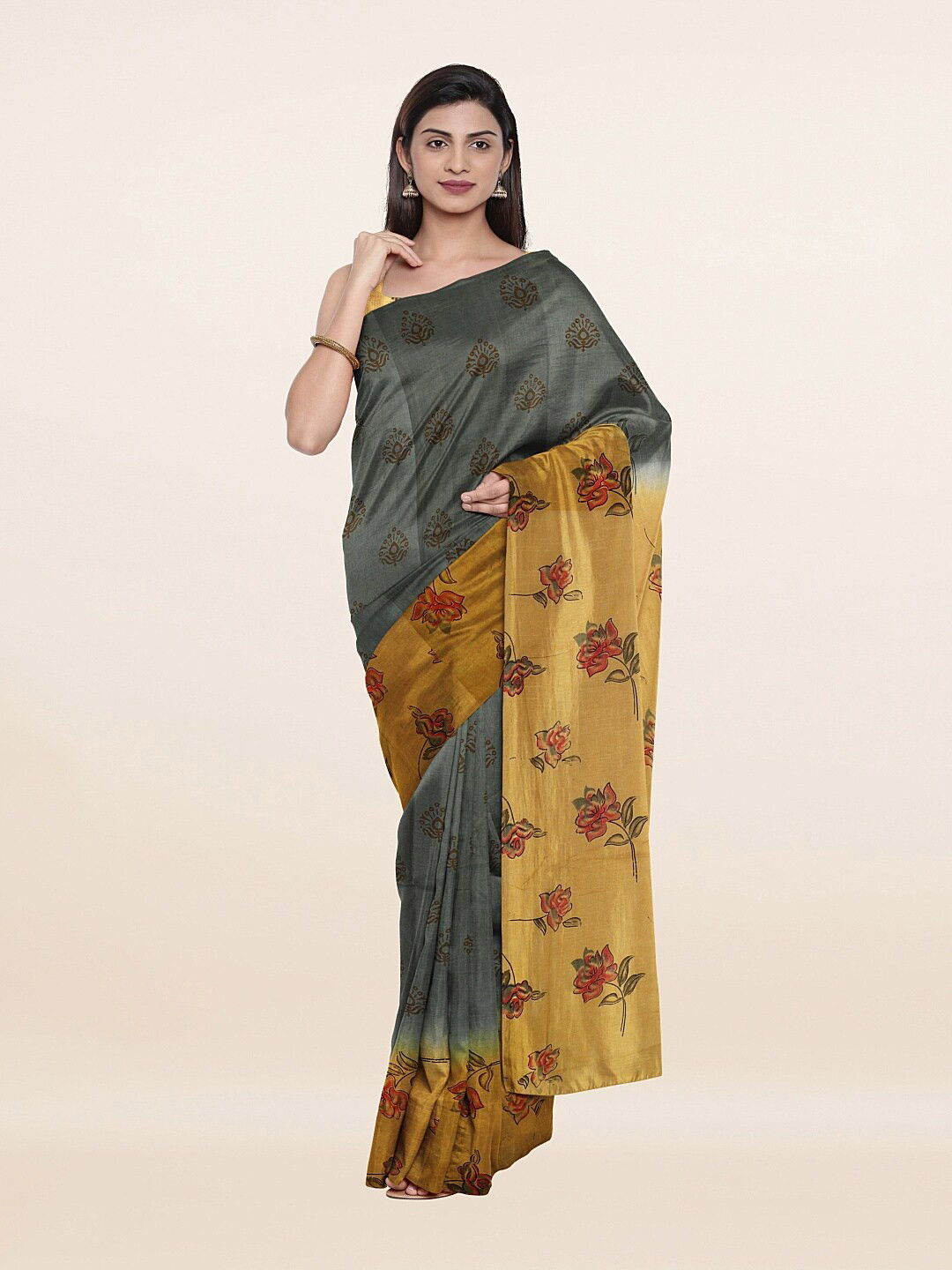 

Pothys Grey & Yellow Floral Printed Pure Cotton Saree