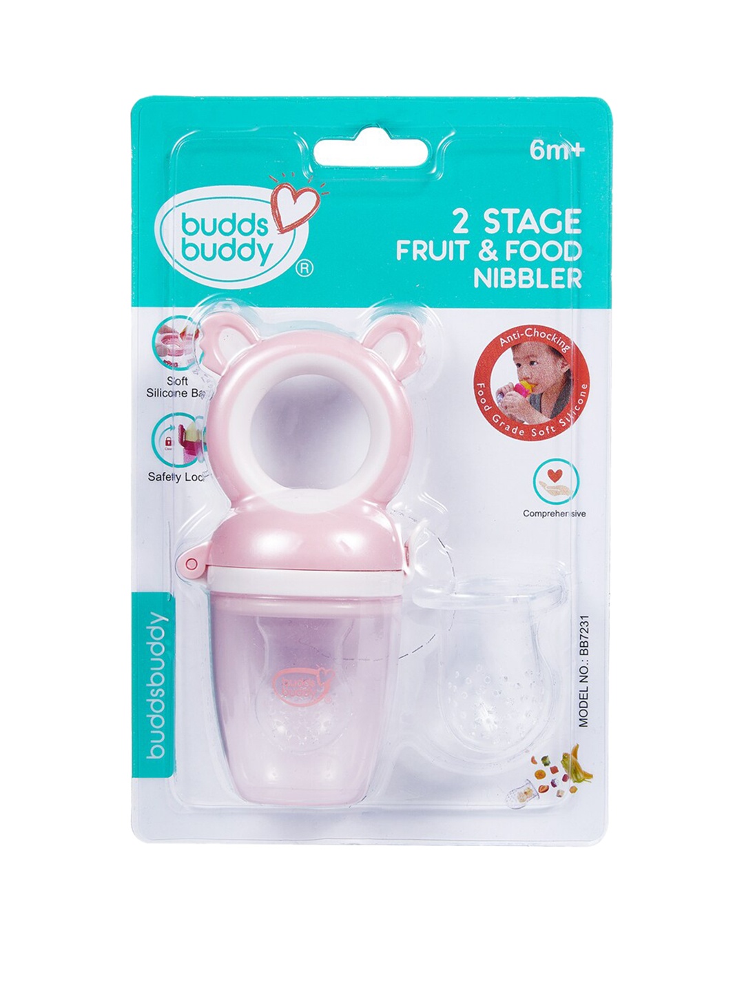 

BUDDSBUDDY Kids Pink BPA Free 2 Stage Food Nibbler With Extra Teat Pacifier