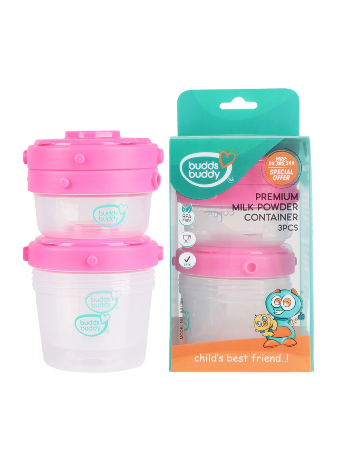 

BUDDSBUDDY Kids Set Of 3 Pink Milk Powder Containers