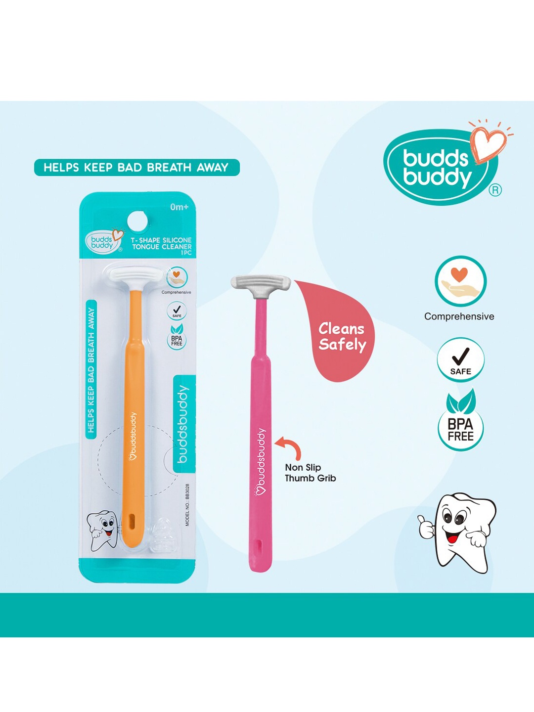 

BUDDSBUDDY Kids Orange BPA Free T-Shape Tongue Cleaner With Non Slip Thumb Grip