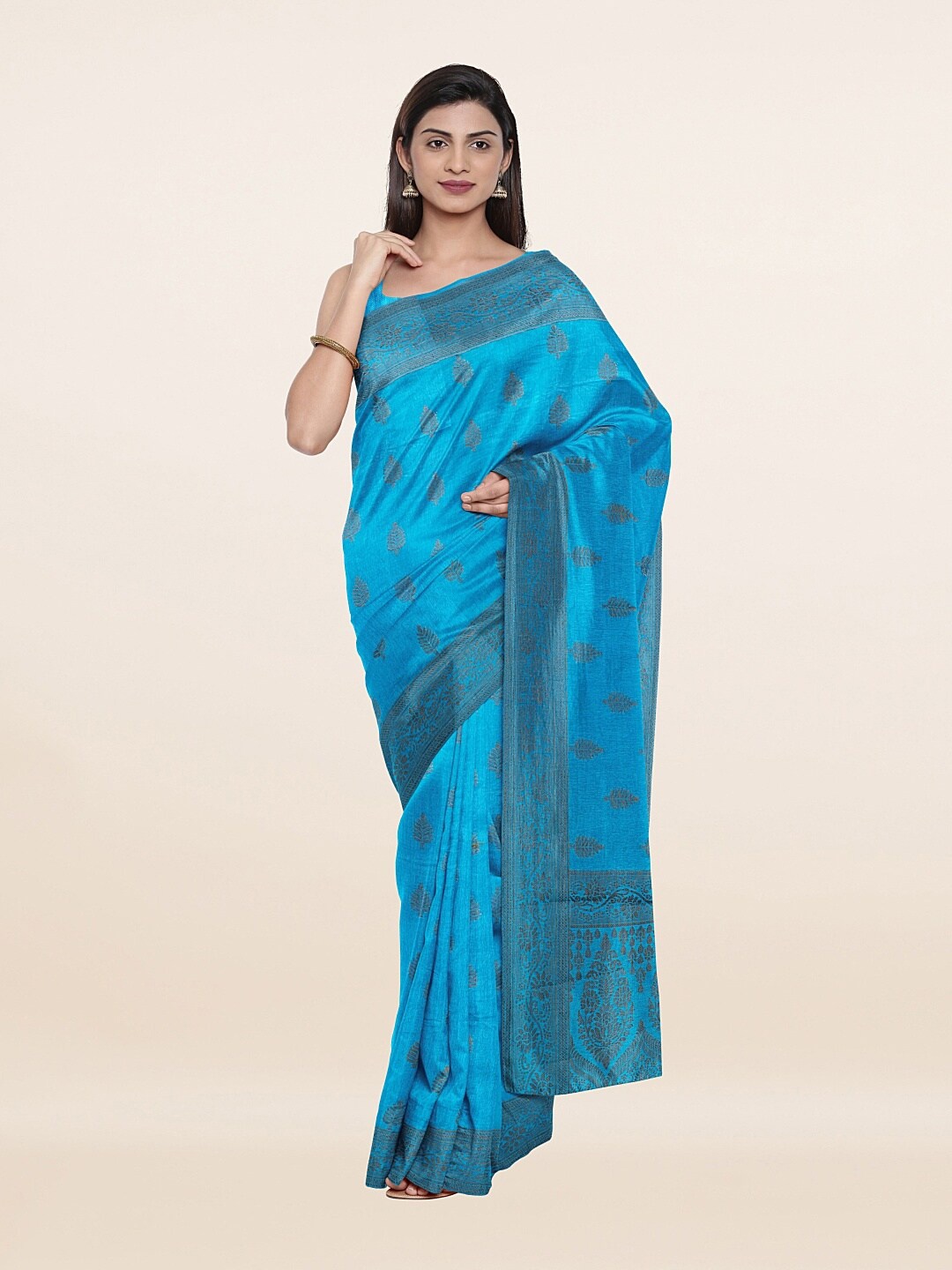 

Pothys Blue & Silver-Toned Floral Zari Art Silk Saree