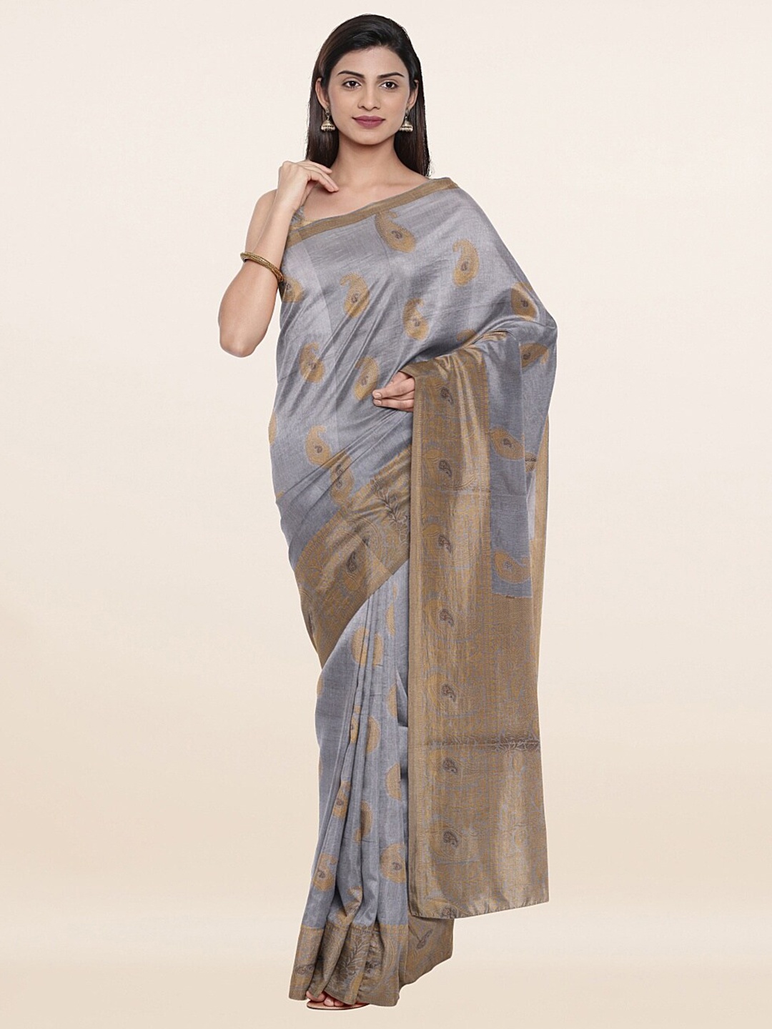 

Pothys Grey & Gold-Toned Floral Zari Art Silk Saree