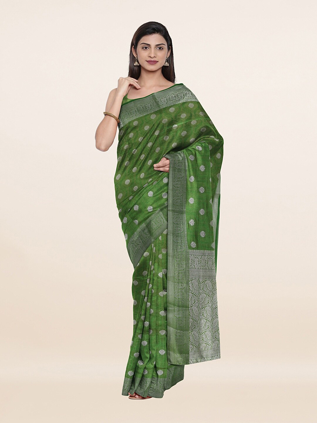 

Pothys Green & Silver-Toned Woven Design Zari Art Silk Saree