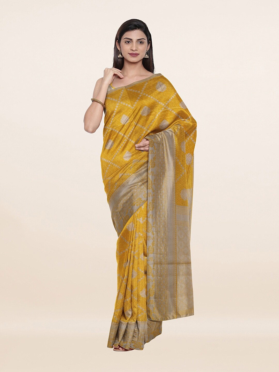 

Pothys Yellow & Silver-Toned Floral Zari Art Silk Saree