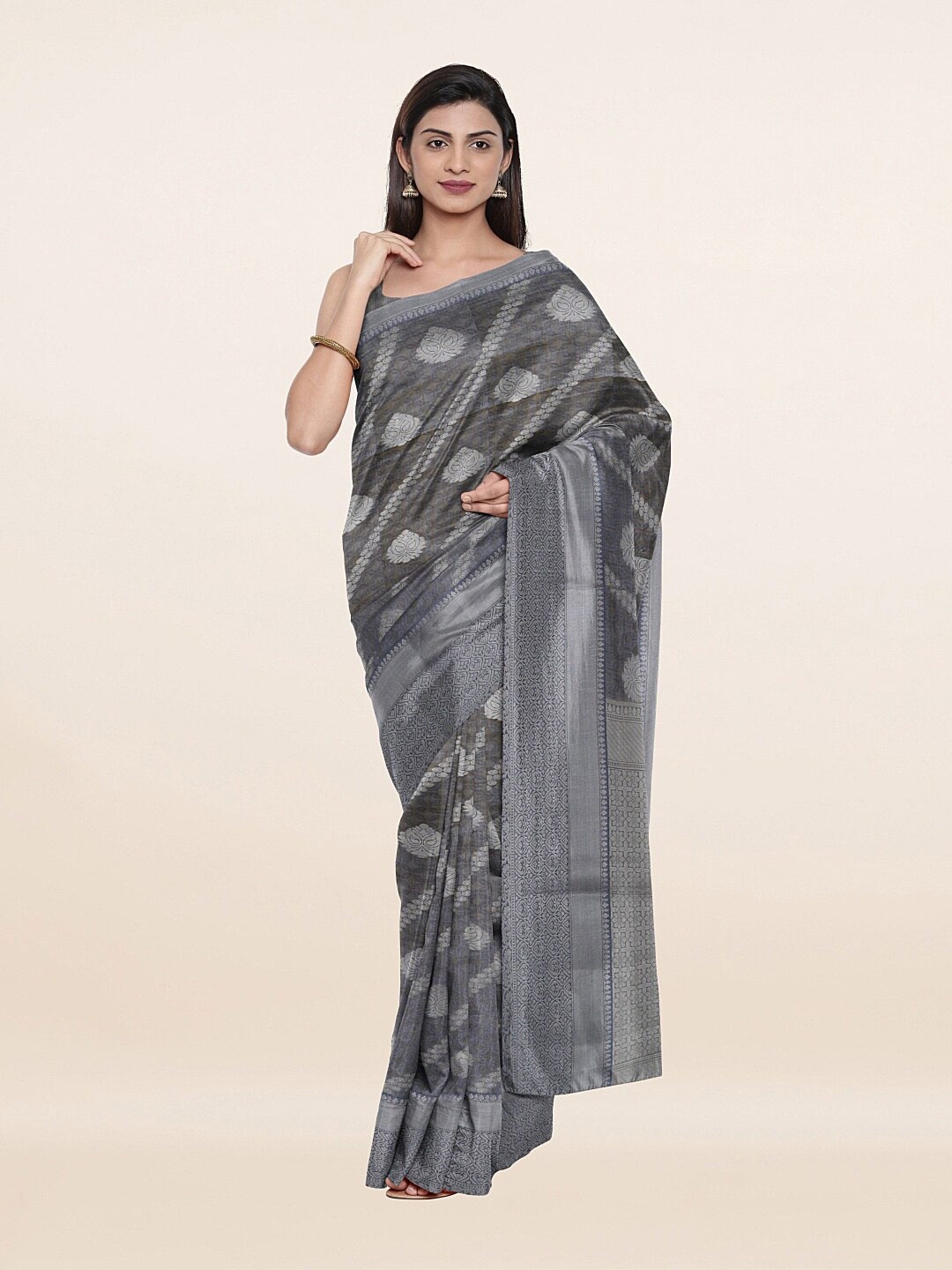 

Pothys Grey & Gold-Toned Floral Art Silk Saree