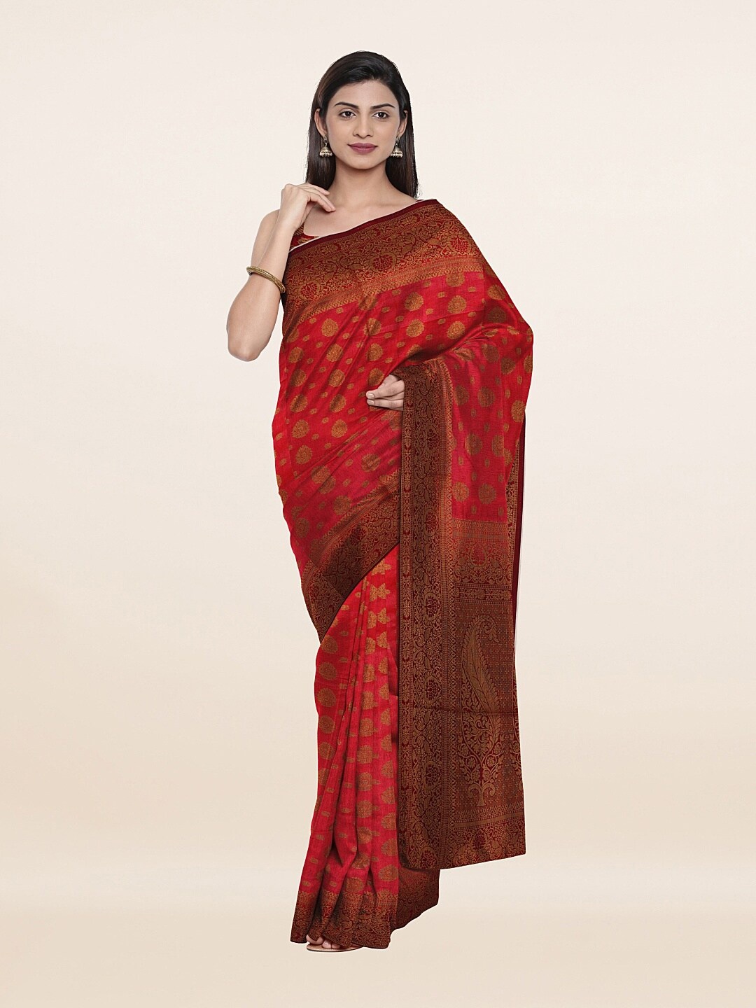 

Pothys Pink & Gold-Toned Woven Design Art Silk Saree