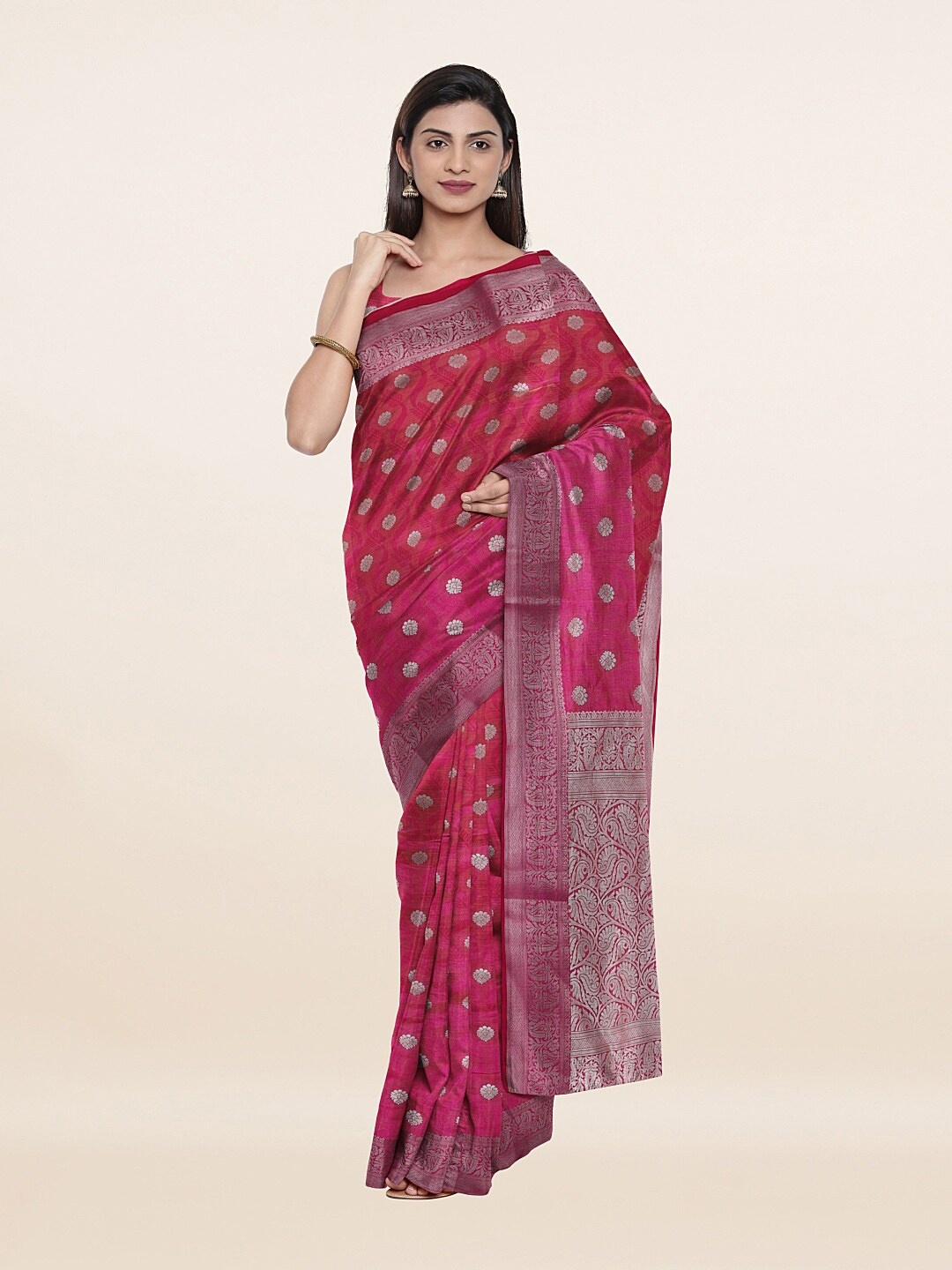 

Pothys Pink & Silver-Toned Woven Design Art Silk Saree