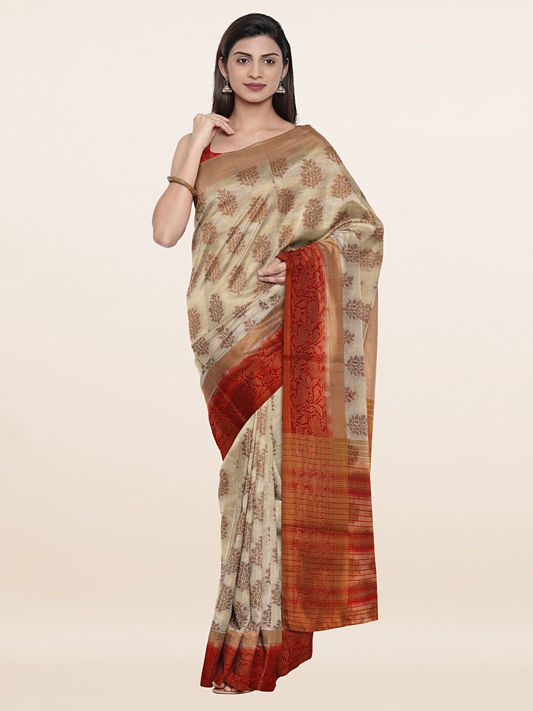 

Pothys Cream-Coloured & Red Printed Art Dupion Saree