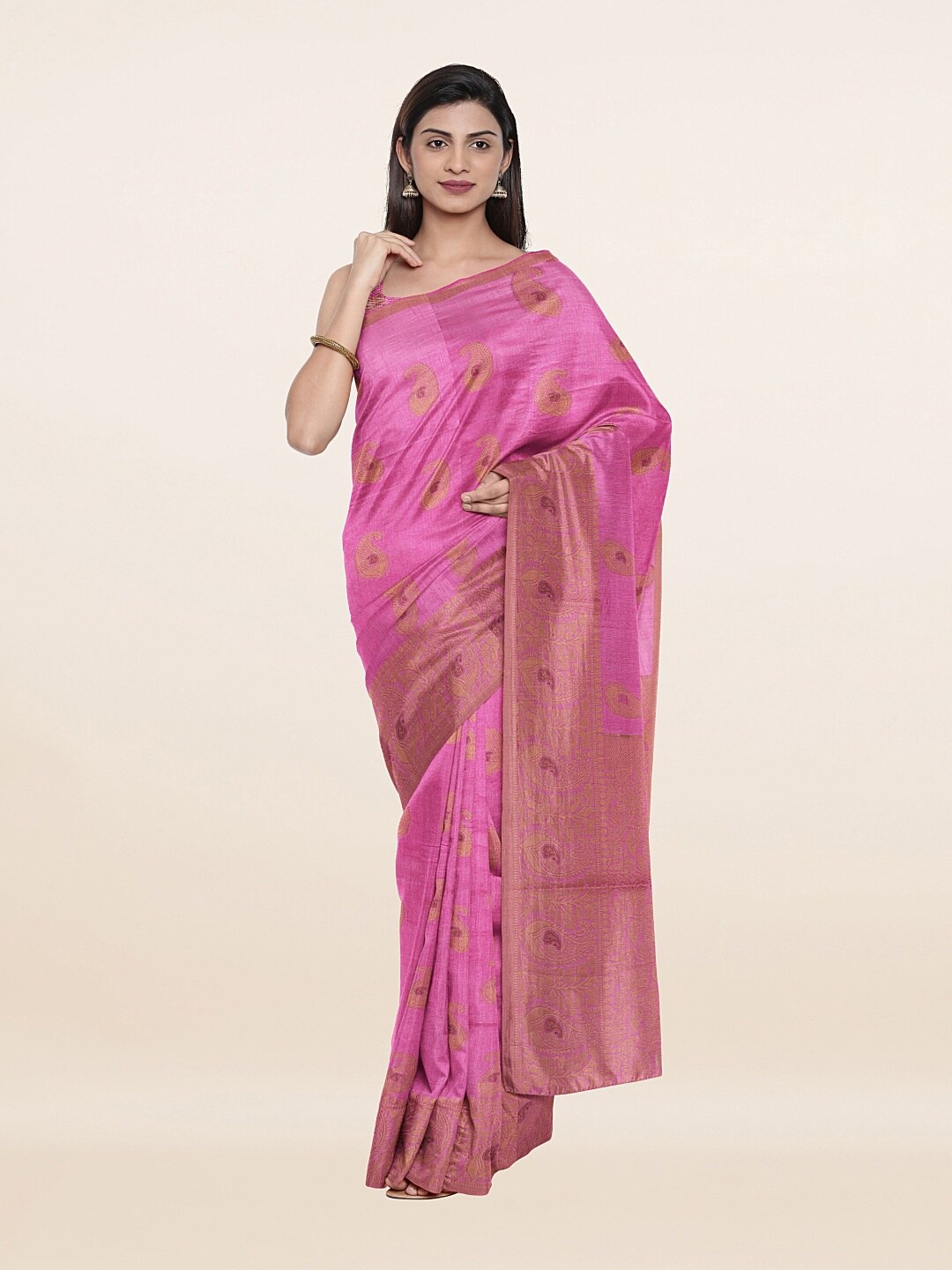 

Pothys Pink & Gold-Toned Woven Design Art Silk Saree