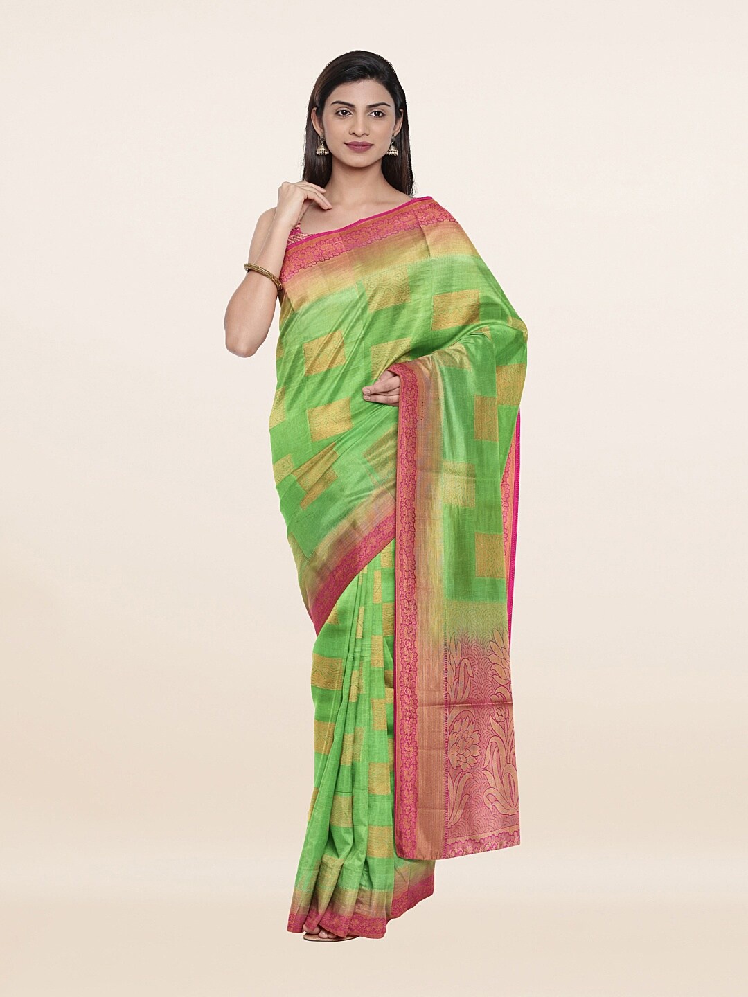 

Pothys Green & Gold-Toned Woven Design Art Silk Saree