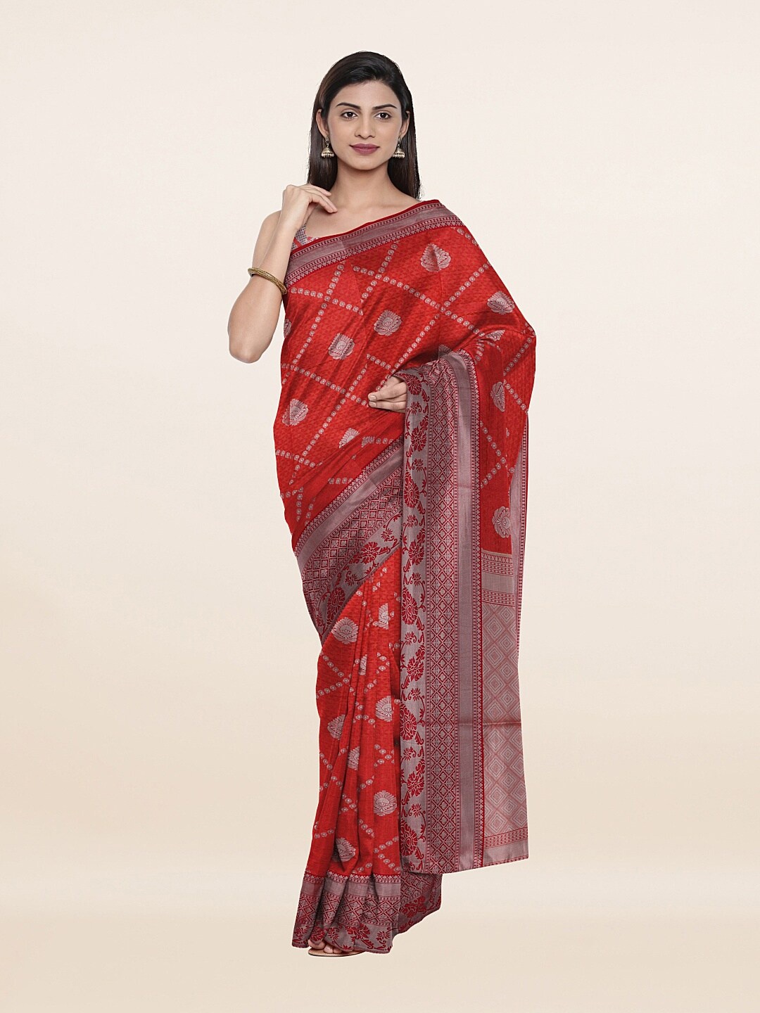 

Pothys Red & Gold-Toned Woven Design Art Silk Saree