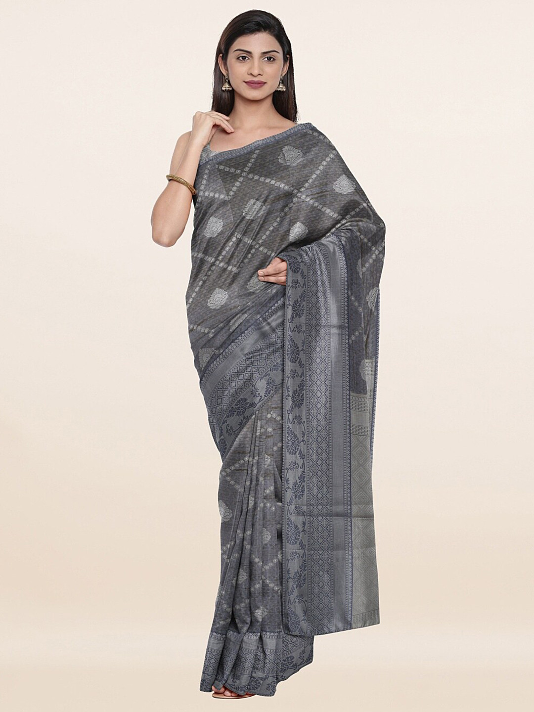 

Pothys Grey & Gold-Toned Woven Design Art Silk Saree