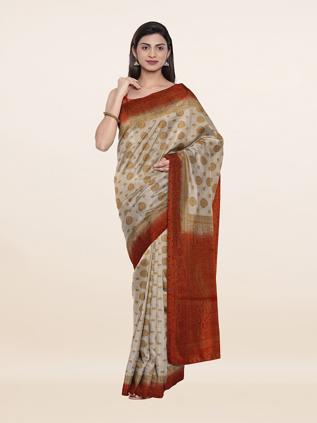 

Pothys Cream-Coloured & Red Woven Design Art Silk Saree