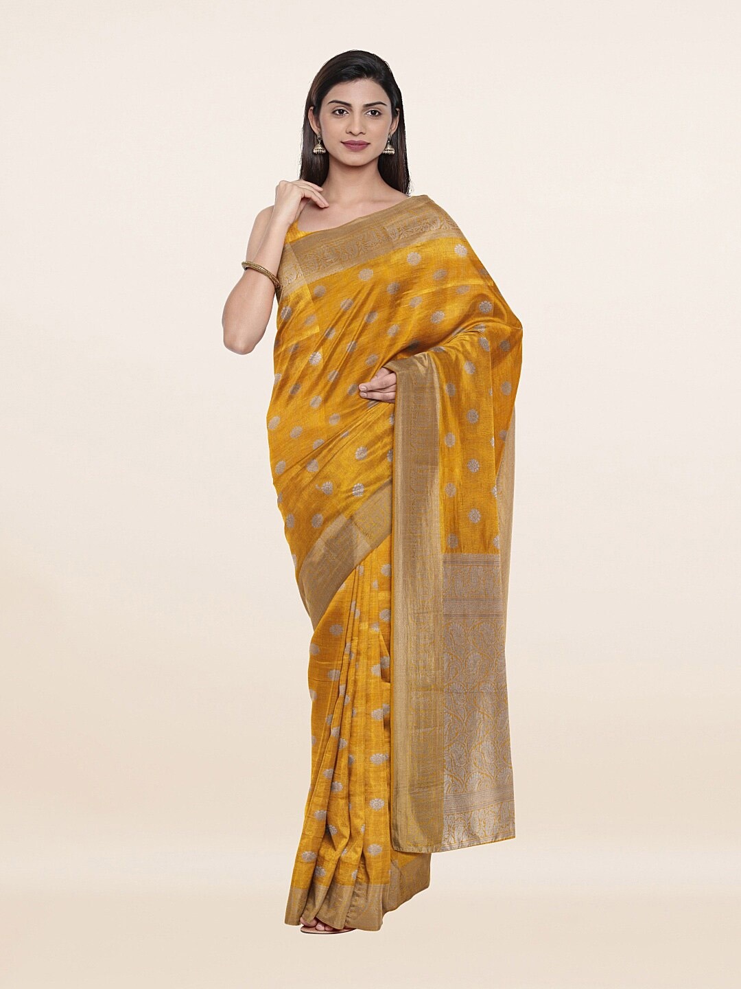 

Pothys Yellow & Silver-Toned Ethnic Motifs Art Silk Saree